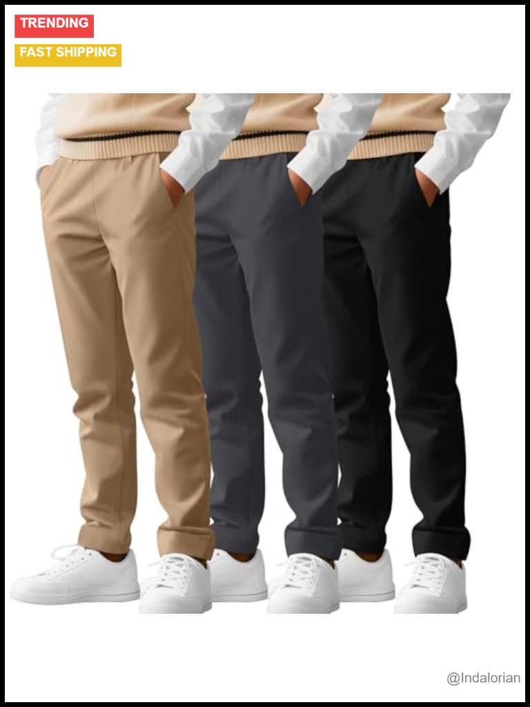 3 Pack Boys School Uniform Pants Elastic Waist Stretch Dress Pants With Pockets